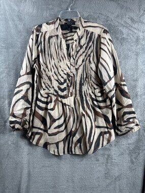 Womens Style & Co Zebra Print Button-Front Blouse M 100% Cotton Brown/Beige 3/4